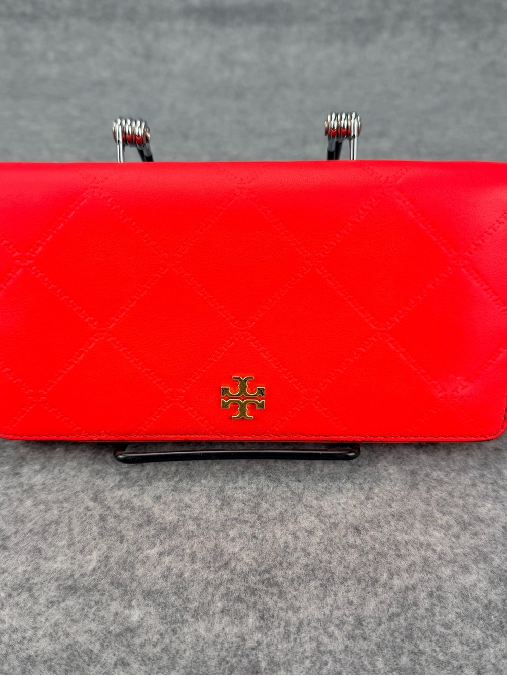 Tory Burch Georgia Zip Continental Wallet Coral Pink Quilted Leather Gold Logo
